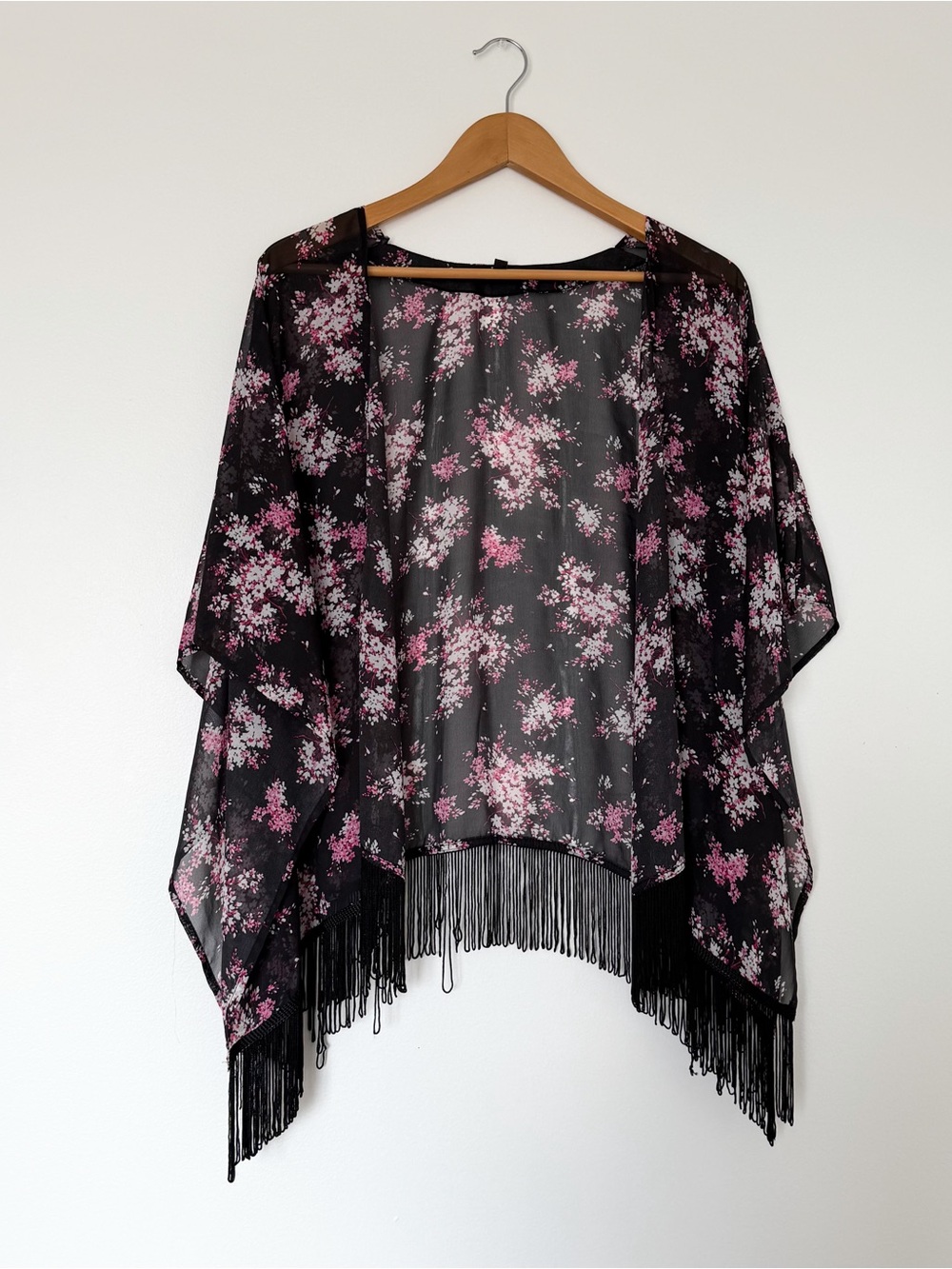 Whimsy Pink and Black Boho Flowy Floral Fringe Shawl